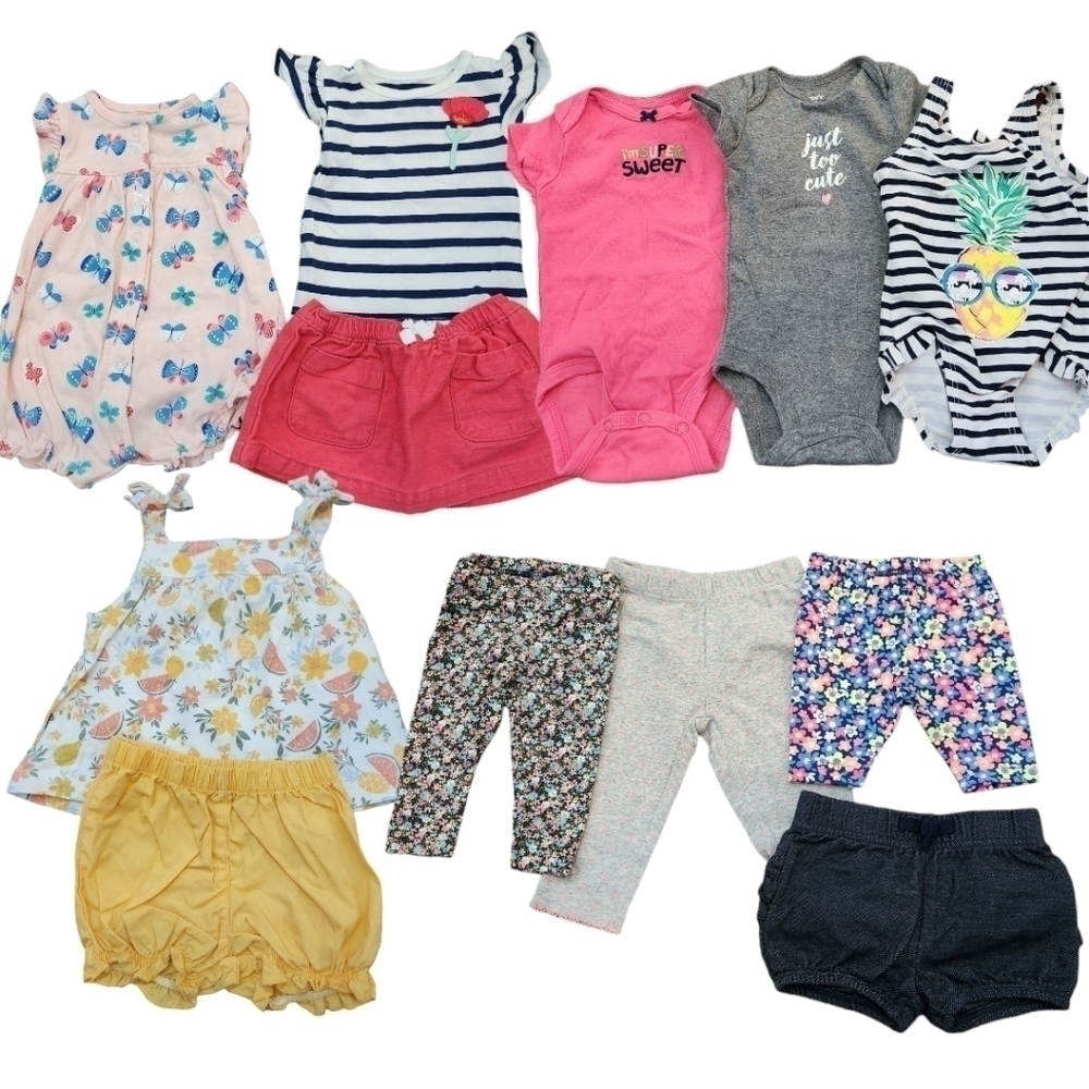 Lot of 12 Baby Girl Mostly Carter's Summer Clothes, 3 months